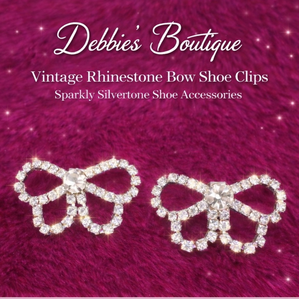 Vintage Rhinestone Bow Shoe Clips | Sparkly Silvertone Glam Shoe Accessories